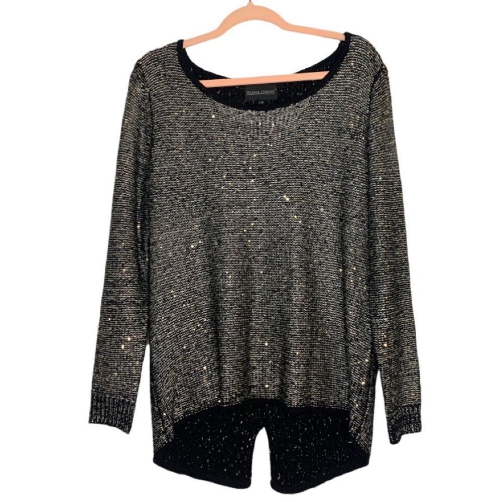 Frank Lyman Design Black Scoop Neck Gold Sequin Sweater